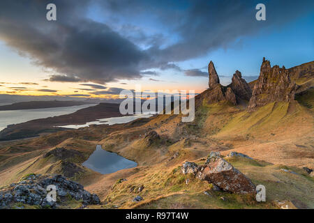 Dawn at the Old Man of Storr rock formations on the Isle of Skye in Scotland Stock Photo