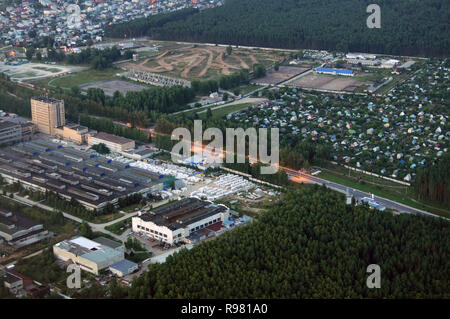 Kovrov, Russia. 11 August 2013. Kovrov town from the air in the evening. Sports complex Motodrom, children's and youth equestrian sports school, colle Stock Photo