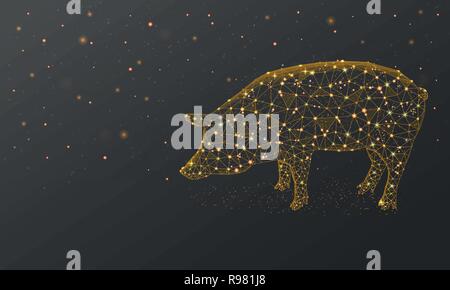 Gold Pig, New Year illustration made by points and lines, polygonal, Low poly holiday background, animal abstract design illustration Stock Vector