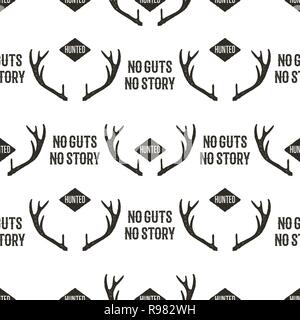 Hunting Pattern Design - No Guts No Stories quote. Outdoors Adventure seamless background with horns. Distressed silhouette style. Nice for hunt enthusiasts, clubs, tee, packaging. Stock vector Stock Vector