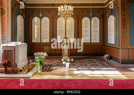Tombstones marking the burial of Tsar Nicholas II and family in St. Catherine's Chapel. Laid to rest in the Saints Peter and Paul Cathedral in 1998. Stock Photo