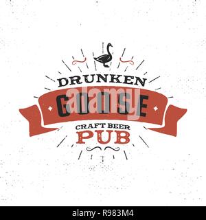 Vintage craft beer pub label. Drunken goose brewery retro design elements. Hand drawn emblem for bar and pub. Business signs template, logo, identity object. Stock vector isolate on white background. Stock Vector