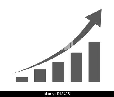 Growing bar graph icon with rising arrow. Vector illustration. Financial forecast graph. Black graphic icon. Stock Vector