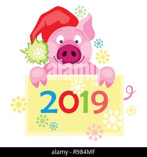 New Year 2019 card with cute pig. Symbol of the year in Chinese calendar Stock Vector