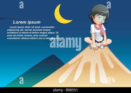 Someone is sitting on hilltop in dark night background. Stock Vector