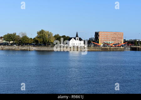 View of the Norwegian church from across the bay, Cardiff Bay, Wales Stock Photo