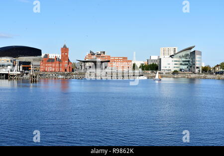 View across Cardiff Bay towards the Pierhead building, Cardiff Bay, Wales Stock Photo