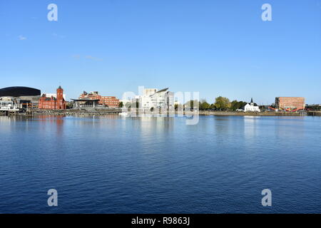 View across Cardiff Bay towards the Pierhead building, Cardiff Bay, Wales Stock Photo