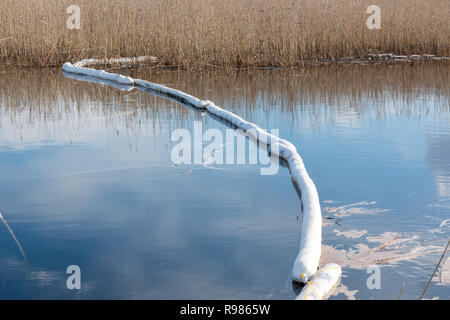 Floating oil containment boom on calm water at the shore of a Nordic lake after an oil spill. Stock Photo