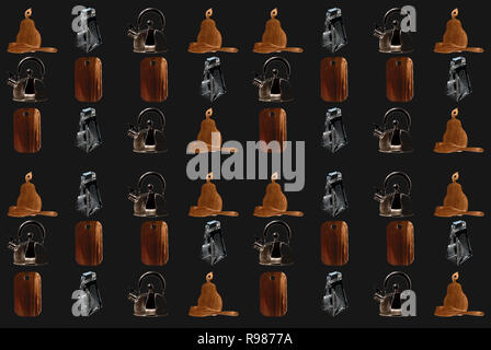 texture for wallpaper with the image of kitchen utensils on a black background Stock Photo