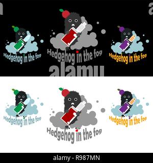 Vape hedgehog in the fog ,flat logotypes vector set  with aple  in three colors options, for web and print for shope and cafe. Stock Vector