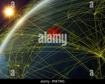 Bangladesh on model of planet Earth with network and international networks. Concept of digital communication and technology. 3D illustration. Element Stock Photo