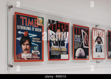 Prague, Czech Republic - August 28, 2018: Time magazines with Steve Jobs on the cover inside Apple Museum in Prague, the largest private collection of Stock Photo