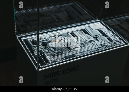 Prague, Czech Republic - August 28, 2018: MOS 6502 microprocessor on display inside Apple Museum in Prague, the largest private collection of Apple pr Stock Photo