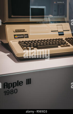 Prague, Czech Republic - August 28, 2018: Macintosh Apple III computer on display inside Apple Museum in Prague, the largest private collection of App Stock Photo