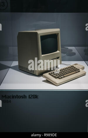 Prague, Czech Republic - August 28, 2018: Macintosh 128K computer on display inside Apple Museum in Prague, the largest private collection of Apple pr Stock Photo