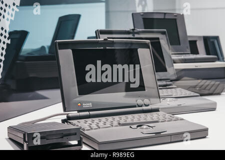Prague, Czech Republic - August 28, 2018: Family of PowerBook portable computers on display inside Apple Museum in Prague, the largest private collect Stock Photo