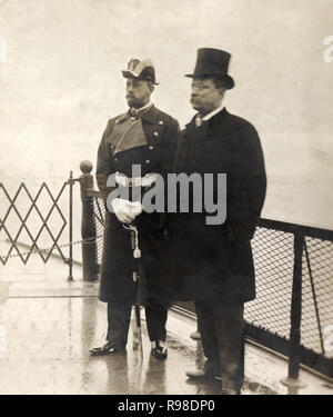 U.S. President Theodore Roosevelt with Prince Henry of Prussia on Deck of Kaiser Wilhelm III's Imperial Yacht, Meteor III, during Yacht's Christening Ceremony, Shooters Island, New York, USA, by George Grantham Bain, February 1902 Stock Photo