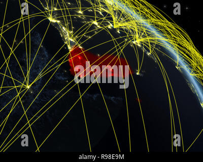 Yemen from space on model of planet Earth at night with network. Concept of digital technology, connectivity and travel. 3D illustration. Elements of  Stock Photo