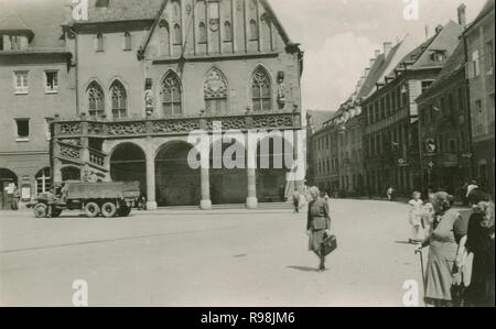 Antique c1948 photograph, US Army truck in front of the Amberg City Hall in Amberg, Bavaria, Germany. SOURCE: ORIGINAL PHOTOGRAPH Stock Photo