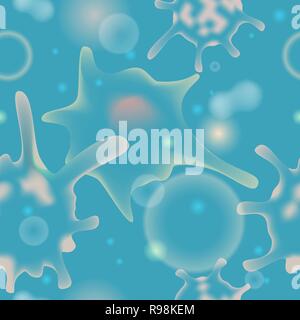 Microbiological seamless pattern. Amoeba Proteus and Infusoria under the microscope. Vector illustration. Stock Vector