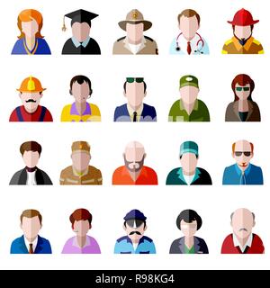 Color vector flat icon set. Different people character: female, male, prisoner, police officer, girl, grandmother, grandfather, student, businessman,  Stock Vector