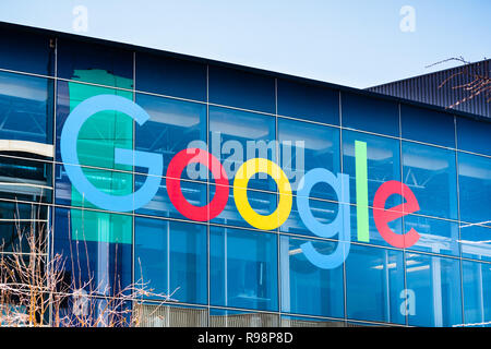 March 7, 2018 Mountain View / CA / USA - Google logo on one of the buildings situated in Googleplex, the company's main campus Stock Photo