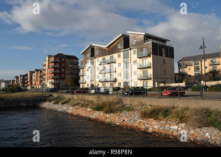 Modern housing flats / apartments at Barry docks waterfront, Wales UK, Waterfront living Residential buildings dockland development Stock Photo