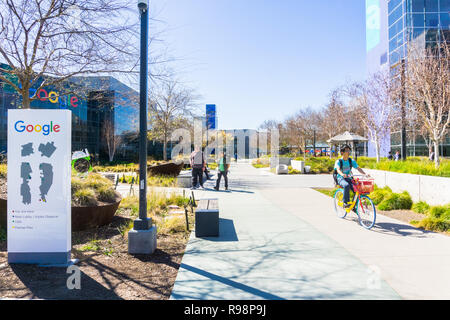 March 7, 2018 Mountain View / CA / USA - Entrance to the Googleplex area, the main Google campus situated in Silicon Valley, south San Francisco bay a Stock Photo