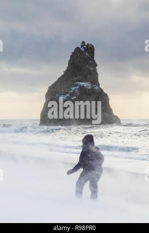 Karen Rentz braving the intense, gale force winds whipping up snow and sea spray and sand along the Reynisfjara black sand beach near the village of V Stock Photo