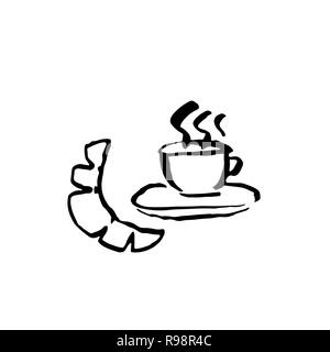 Coffee and croissant grunge icon. Vector ink brush illustration. Stock Vector