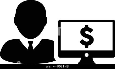 Funding icon vector male user person profile avatar with computer monitor and dollar sign currency money symbol for banking and finance business in fl Stock Vector