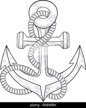 Anchor with rope around. Hand drawn sketch Stock Vector
