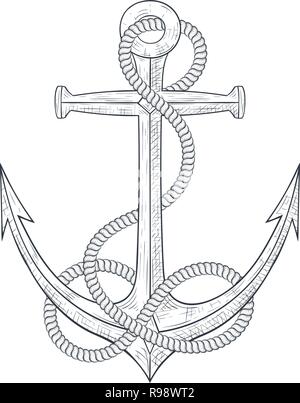 Anchor with rope around. Hand drawn sketch Stock Vector