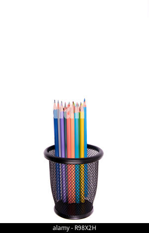 Colored pencils in a pencil case on white background Stock Photo