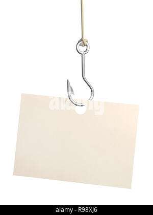 Empty sheet of a paper, hanging on a fishing hook. Isolated over white Stock Photo