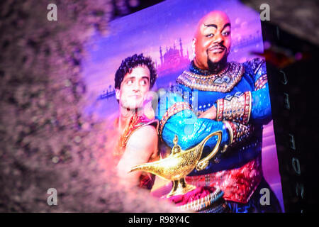 Reflection of Aladdin and the Genie in Disney's West End musical Aladdin at the Prince Edward Theatre, Old Compton Street, London, UK Stock Photo