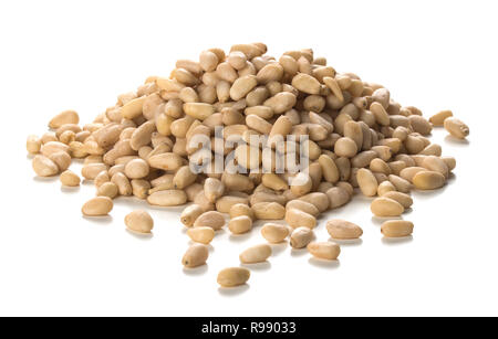 Close up photography of pine nuts heap over white background. Packshot style Stock Photo