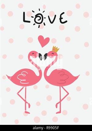 love card pink flamingo in love kissing vector flat design Stock Vector