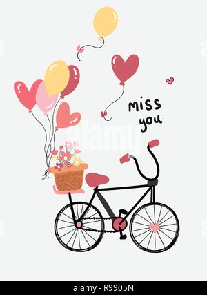 love card  vector flat design hand drawn bicycle with flower and heart balloons Stock Vector