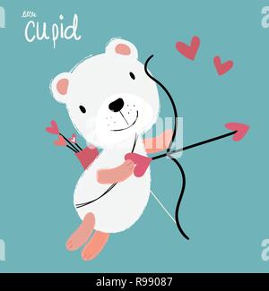 cute cupid white fulffy bear flying with heart arrow Stock Vector
