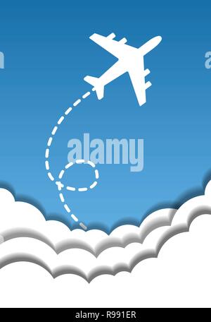 Flying airplane on a background of blue sky and cut out paper clouds in origami style. Vector Stock Vector