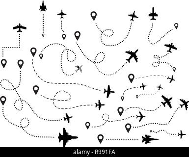 A series of flying airplanes and their flight paths from the departure point. Vector ilustration Stock Vector
