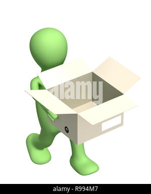 Puppet with empty opened box. Isolated over white Stock Photo