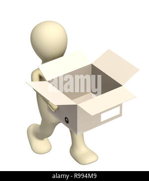 Puppet with empty opened box. Isolated over white Stock Photo