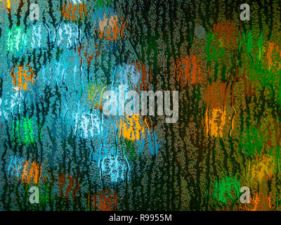 Christmas lights through condensation on glass window,Winter Norfolk Stock Photo