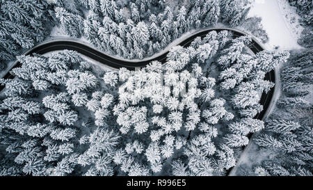Heart shaped road in snowy forest, winter from above. Stock Photo