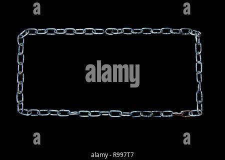 Сhain frame lined on black background with free place for text. Sales creative concept in 3D metal close-up for hardware store. Mockup for shopping, s Stock Photo