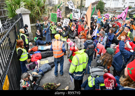 Climate change activists from Extinction Rebellion chain themselves together outside the BBC Bristol building on Whiteladies Road, Clifton, Bristol, during a peaceful protest against the way they think the broadcaster covers the 'climate emergency'. Stock Photo