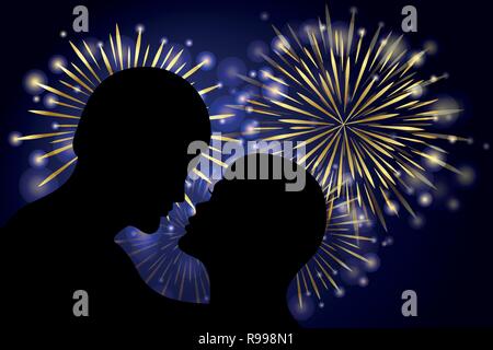 romantic kiss and golden shiny new year firework at night vector illustration EPS10 Stock Vector